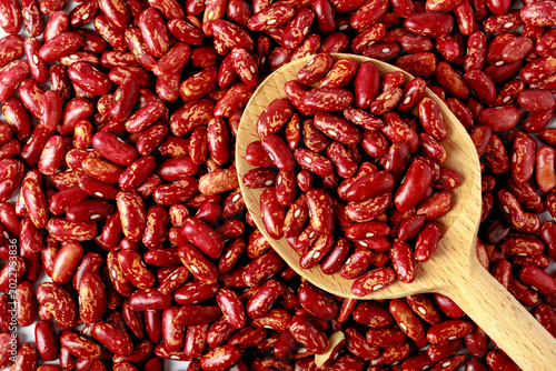 Fotografía Top view of red cranberry beans in wooden spoon also known as cargamanto beans a