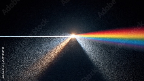 Light Refraction Through Prism: A beam of white light entering a prism splits into a vibrant spectrum of colors, showcasing the phenomenon of light refraction and dispersion against a dark background.