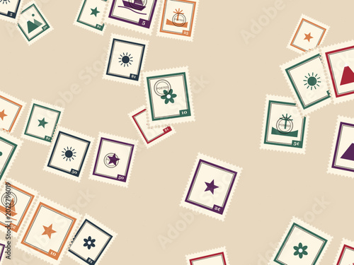 Tableau sur toile Old Postage Stamps Travel Pattern Vector Backdrop