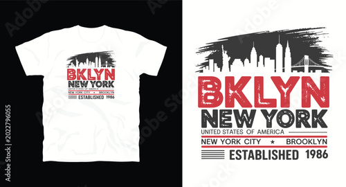 BKLYN New York t-shirt design with distressed city skyline and bold typography, grunge style graphic for modern apparel.