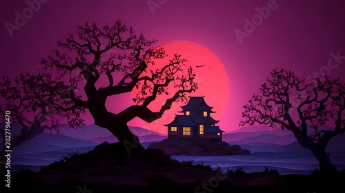 Japanese pagoda temple silhouette at sunset with dark trees and purple gradient sky background