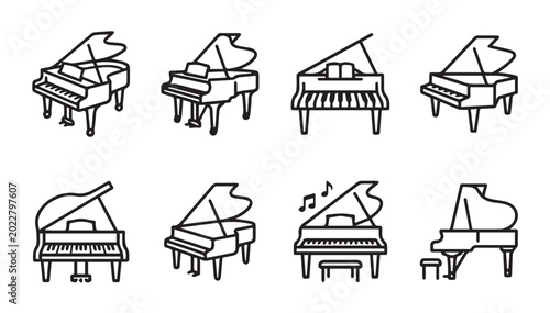 Collection of grand piano outlines with subtle variations in a clean line art style for music and performance concepts