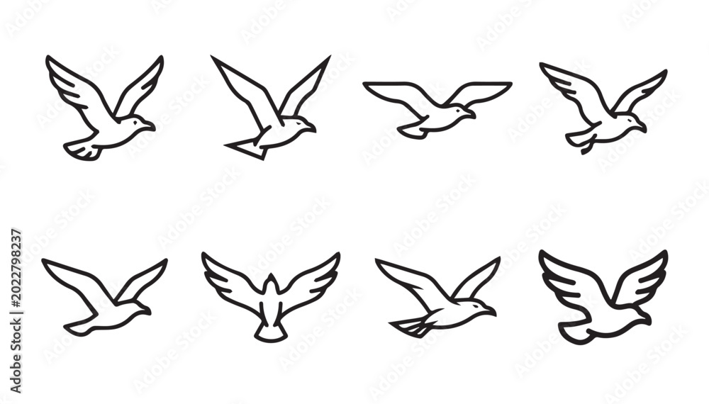 Fototapeta premium Eight stylized line art seagulls in flight against a white background with varied wing positions