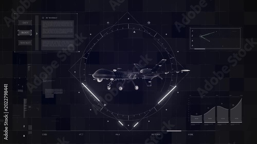 Futuristic digital interface with a wireframe model of a military drone, hud display, data charts, and technical elements