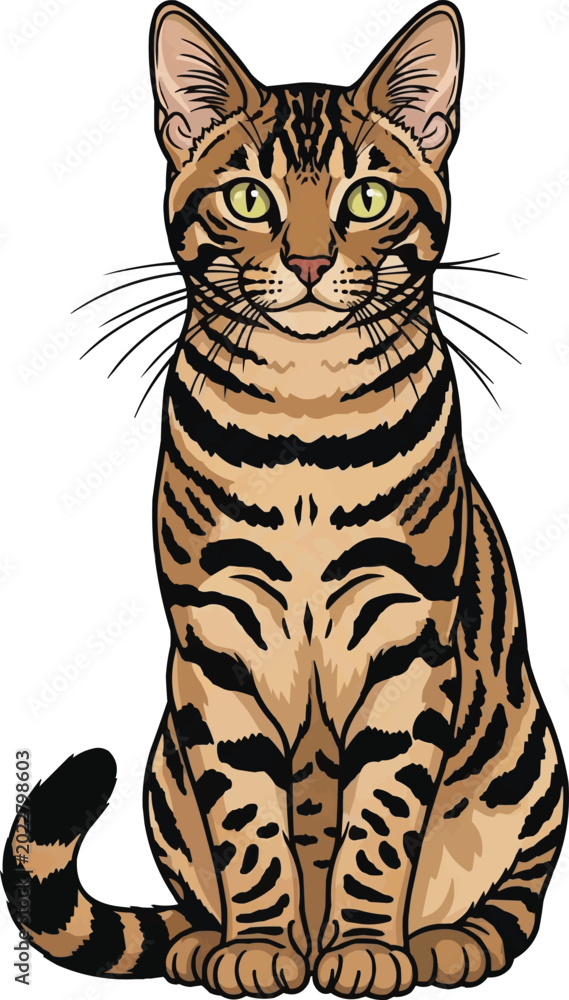 Fototapeta premium Ocicat Cat sitting upright alert facing front vector illustration