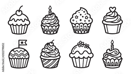 Sweet cupcakes with festive decorations and candles on a white background for celebration