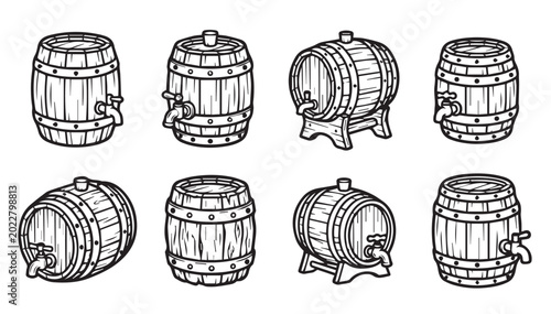 Wooden barrels with taps in a clean line illustration style for beverage or aging concepts