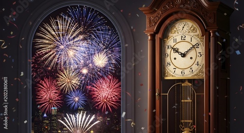 An elegant antique clock frames a dazzling New Year's Eve, as spectacular fireworks burst over the city skyline and festive confetti heralds a vibrant new beginning