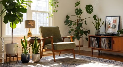 Cozy armchair bathed in sunlight, surrounded by lush indoor plants and vintage decor