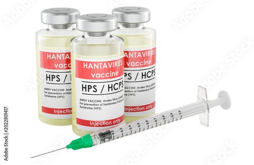 Three hantavirus vaccine vials with syringe representing immunization and disease prevention, 3d rendering