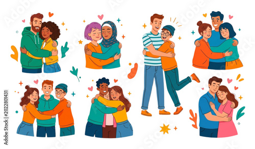 Photos Cartoon people hugging vector collection with male and female characters express