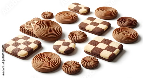 An artful array of gourmet biscuits, featuring a delightful mix of intricate checkerboard and elegant spiral patterns, perfect for a sophisticated sweet indulgence or decorative treat