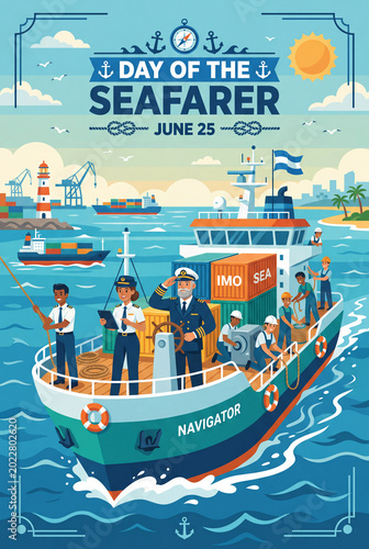 Celebrating Day of the Seafarer on June 25 With a Ship and Crew at a Busy Harbor
