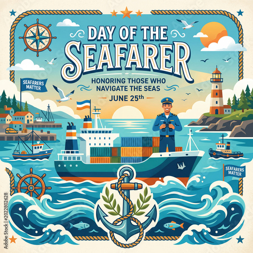 Celebrating Day of the Seafarer on June 25 With a Ship and Crew at a Busy Harbor