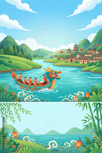 Dragon Boat Racing Takes Place in the River Surrounded by Mountains and Tradi...