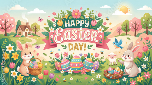 Easter Celebration Scene With Bunnies, Eggs, Flowers, and a House in a Sunny ...