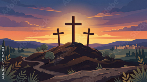 Three Crosses Stand on a Hill During Sunset With Mountains and Trees in the B...