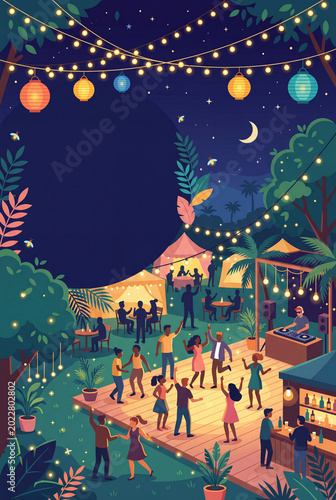 People Dance and Enjoy Music at Night Event With Lights and Food in Garden Se...