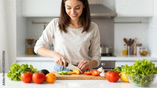 Young woman chopping vegetables in bright kitchen