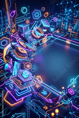 A Digital Scene Shows Colorful Circuits, Glowing Geometric Shapes, and Data P...