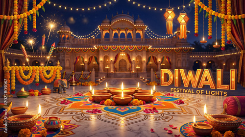 Diwali Celebration With Lights and Decorations at a Temple in the Evening