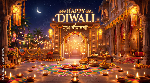 Decorative Setting for Diwali Celebration With Lights and Candles in an Eveni...