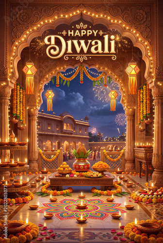 Decorative Setting for Diwali Celebration With Lights and Candles in an Eveni...