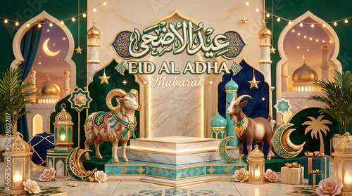 Eid Al Adha Celebration Scene With Decorations and Animals in a Festive Setting
