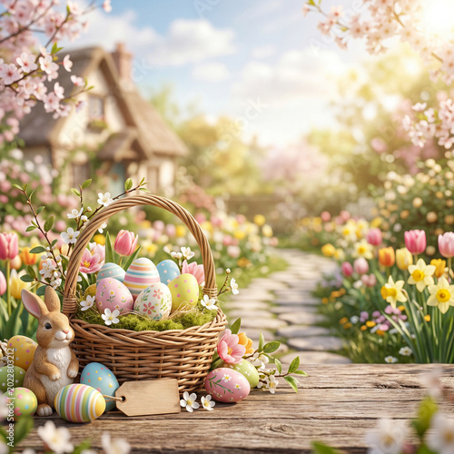 Bunny With Basket of Colored Eggs in a Sunny Spring Landscape With Flowers an...