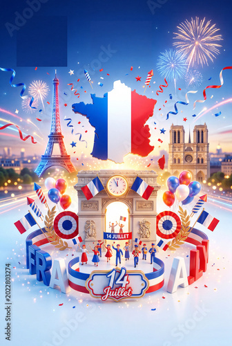 Celebration at the Eiffel Tower With Fireworks and Flags in Paris During a Fe...