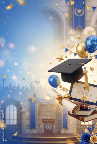 Graduation Celebration With Cap, Diploma, Balloons, and Decorations at a Fest...