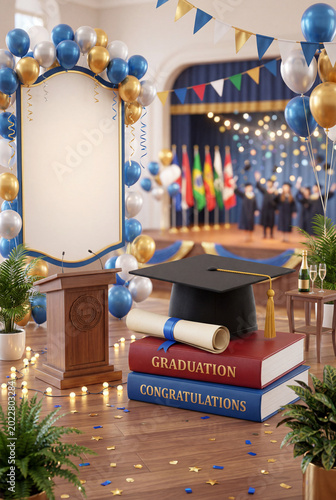 Graduation Ceremony Setup With Decorations and Props in a Hall Setting
