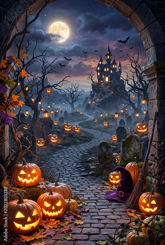 Haunted House and Pumpkins on a Hill During Halloween Night With a Spooky Atm...