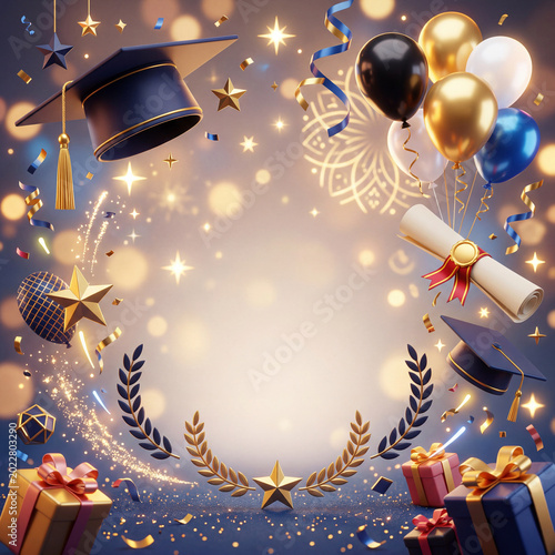 Graduation Ceremony Setup With Decorations and Props in a Hall Setting