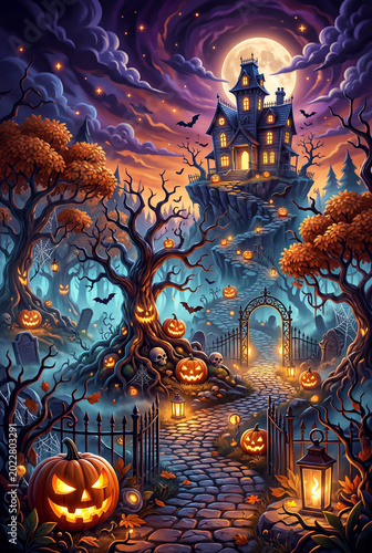 Haunted House and Pumpkins on a Hill During Halloween Night With a Spooky Atm...