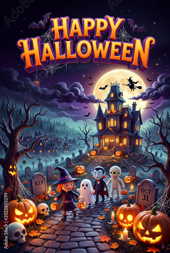 Halloween Celebration Features Children in Costumes at a Spooky House With Pu...