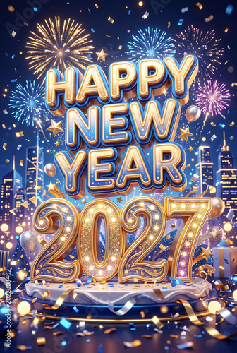 New Year Celebration With Fireworks and Text Welcoming 2027 in a Vibrant City...