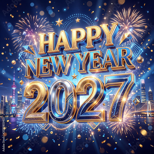 Fireworks Celebrate New Year 2027 in a City Skyline With Joyful Crowds Watchi...
