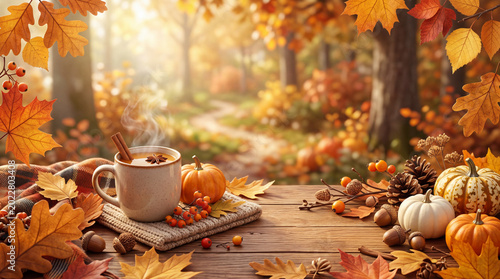 Autumn Scene With Warm Drink and Pumpkins in the Woods During Fall in the Aft...