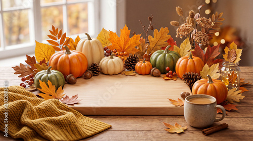 Autumn Scene With Warm Drink and Pumpkins in the Woods During Fall in the Aft...