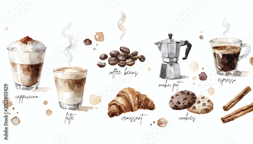 Cozy Coffee Shop Watercolor Elements Collection on White Background
