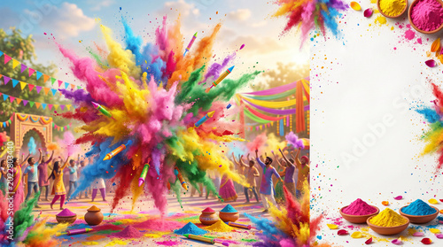People Gather in a Palace Courtyard to Celebrate a Festival With Colors, Musi...