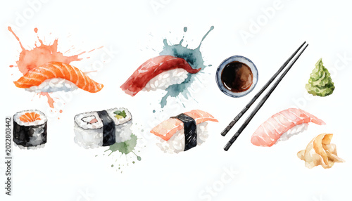Japanese Sushi Watercolor Food Set Isolated on White Background