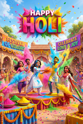 Friends Celebrate Holi With Colors and Music at a Festival in India During Da...