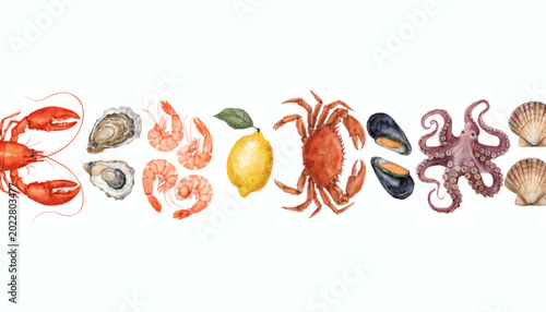 Seafood Watercolor Collection Isolated on White Background