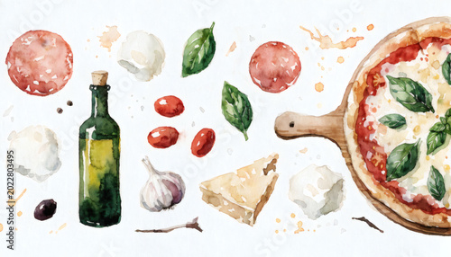 Italian Pizza Ingredients Watercolor Collection Isolated on White