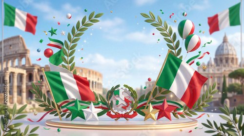 Celebration of Italy With Flags, Stars, and Festive Decorations Near Historic...