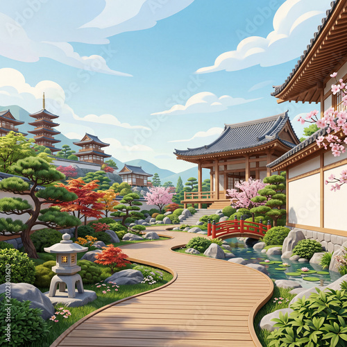 Beautiful Garden With Wooden Paths and Traditional Buildings in a Scenic Land...