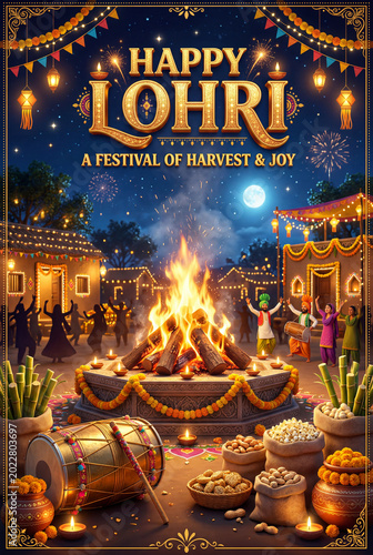 Celebrating Lohri Festival With Dance and Bonfire in a Vibrant Village Settin...