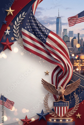 Patriotic Scene With American Flag and Eagle Over City Skyline at Sunset